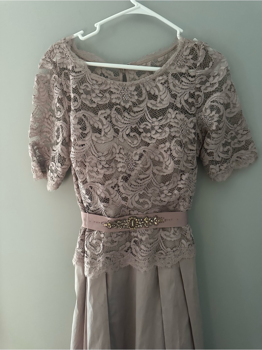 Adrianna Papell Dusty Rose Lace Midi Dress with Embellished Belt